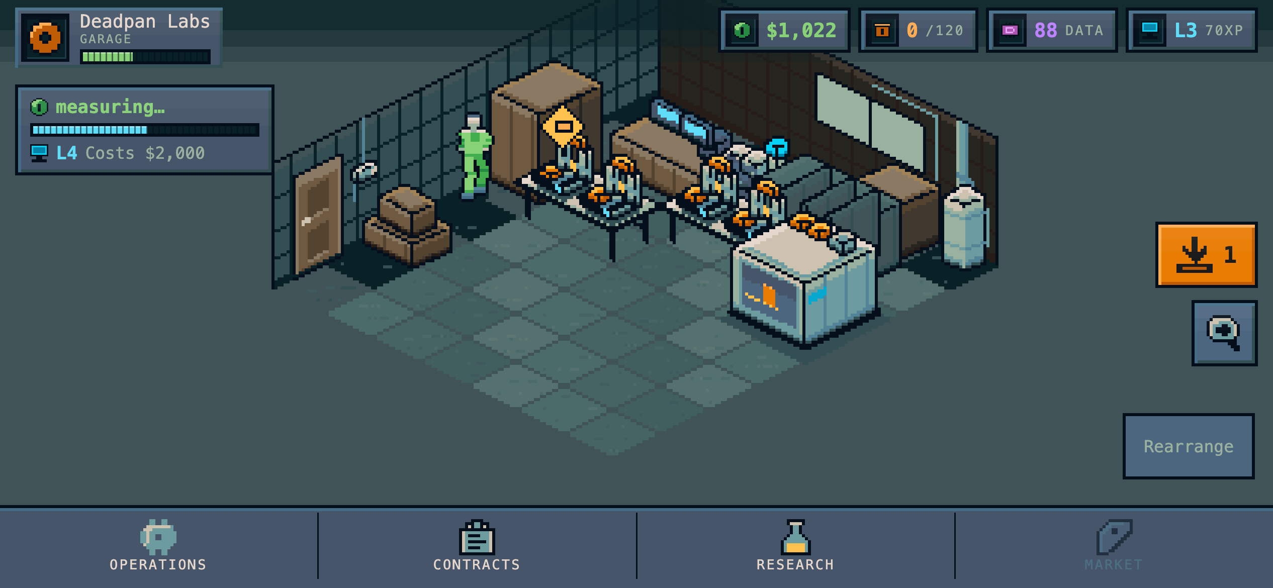 A fuller garage: four open-frame printers on benches beside a larger enclosed machine, with research banked and a collect button showing parts ready.