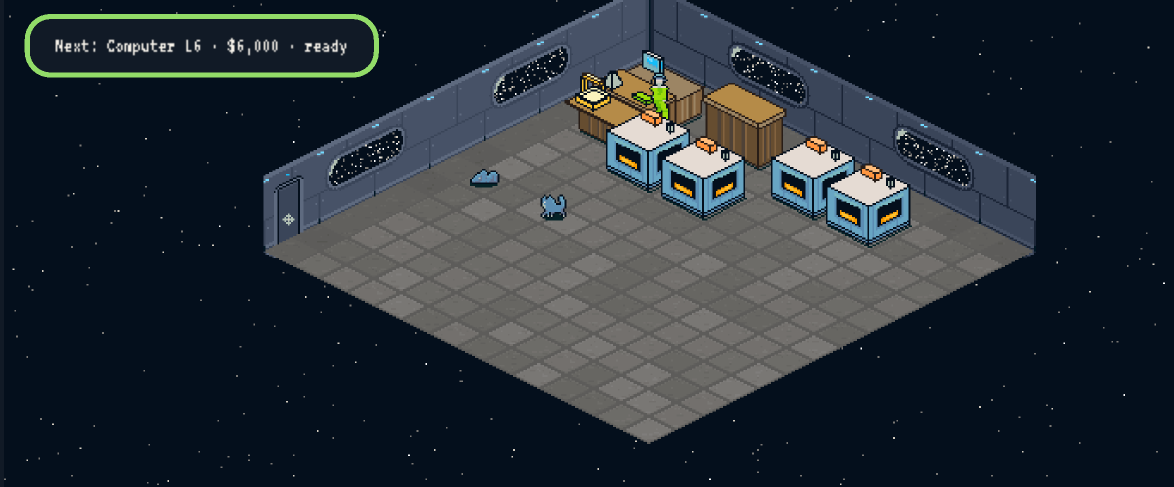 An isometric fabrication bay on a station: bulkhead walls with long portholes showing starfields outside, a deck-plate floor, four printers running on two benches, a computer and an assembly bench along the back wall, a person at the bench and a cat sitting on the deck. A line at the top reads "Next: Computer L6 · $6,000 · ready".